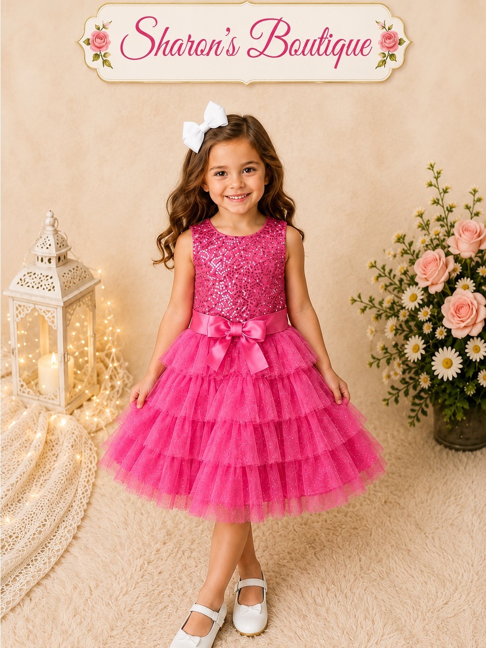Sophia Grace & Rosie Girls 6/6X Pink Sequin Tulle Party Dress